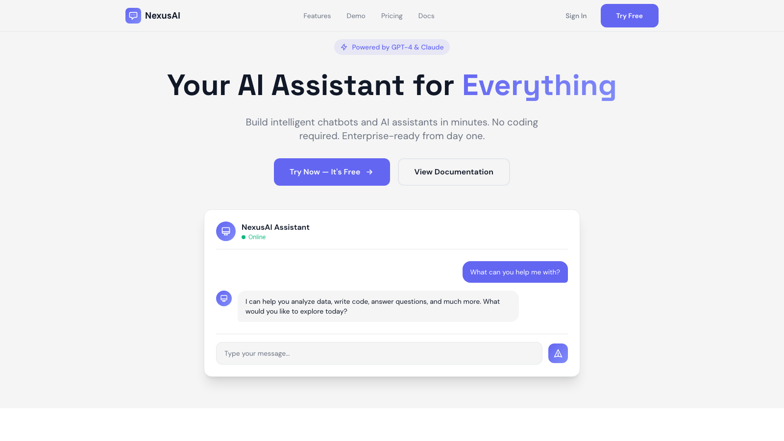 AI Chatbot Platform 设计模板生成的网站首屏截图