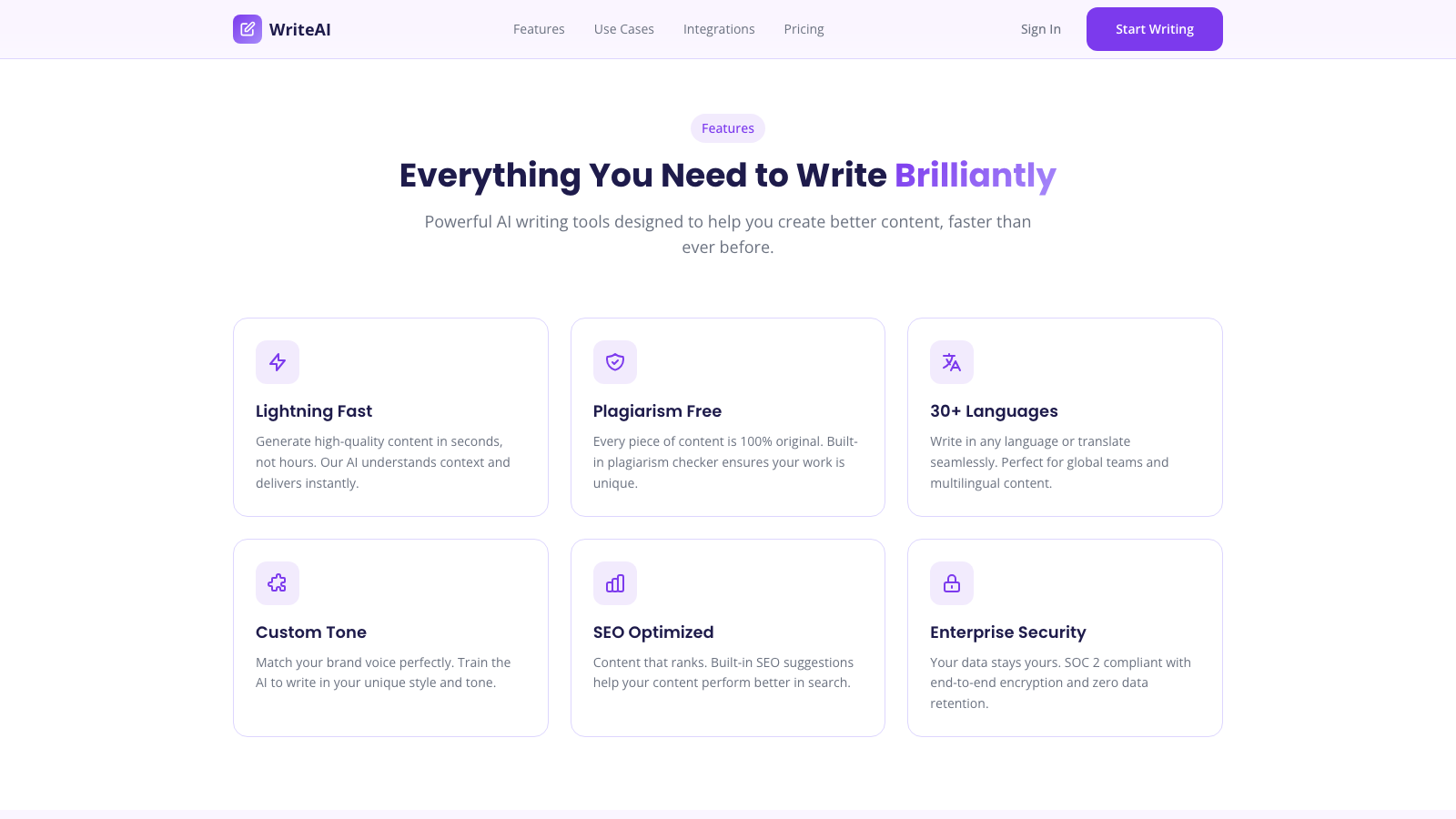 AI Writing Assistant 设计模板生成的网站内容区截图