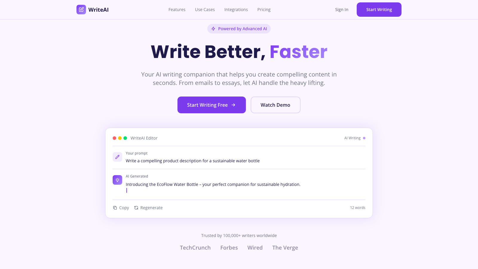 AI Writing Assistant 设计模板生成的网站首屏截图