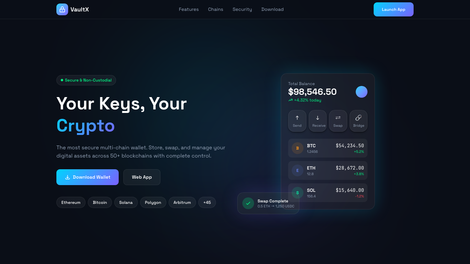 Crypto Wallet 设计模板生成的网站首屏截图