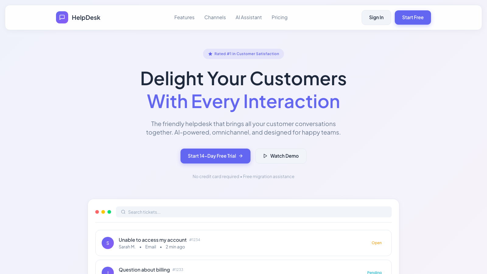 Customer Support CRM 设计模板生成的网站首屏截图