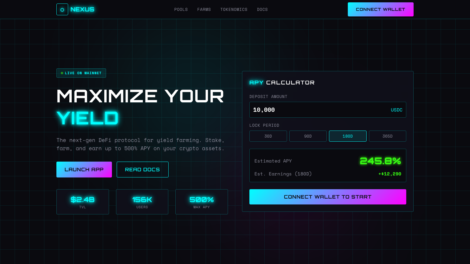 DeFi Yield Platform 设计模板生成的网站首屏截图