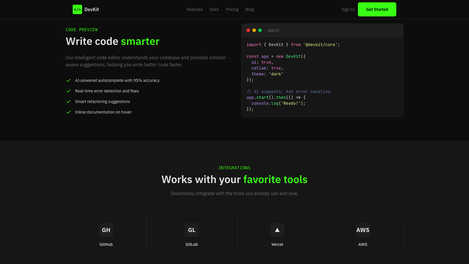 Developer Tools 设计模板生成的网站深度内容截图