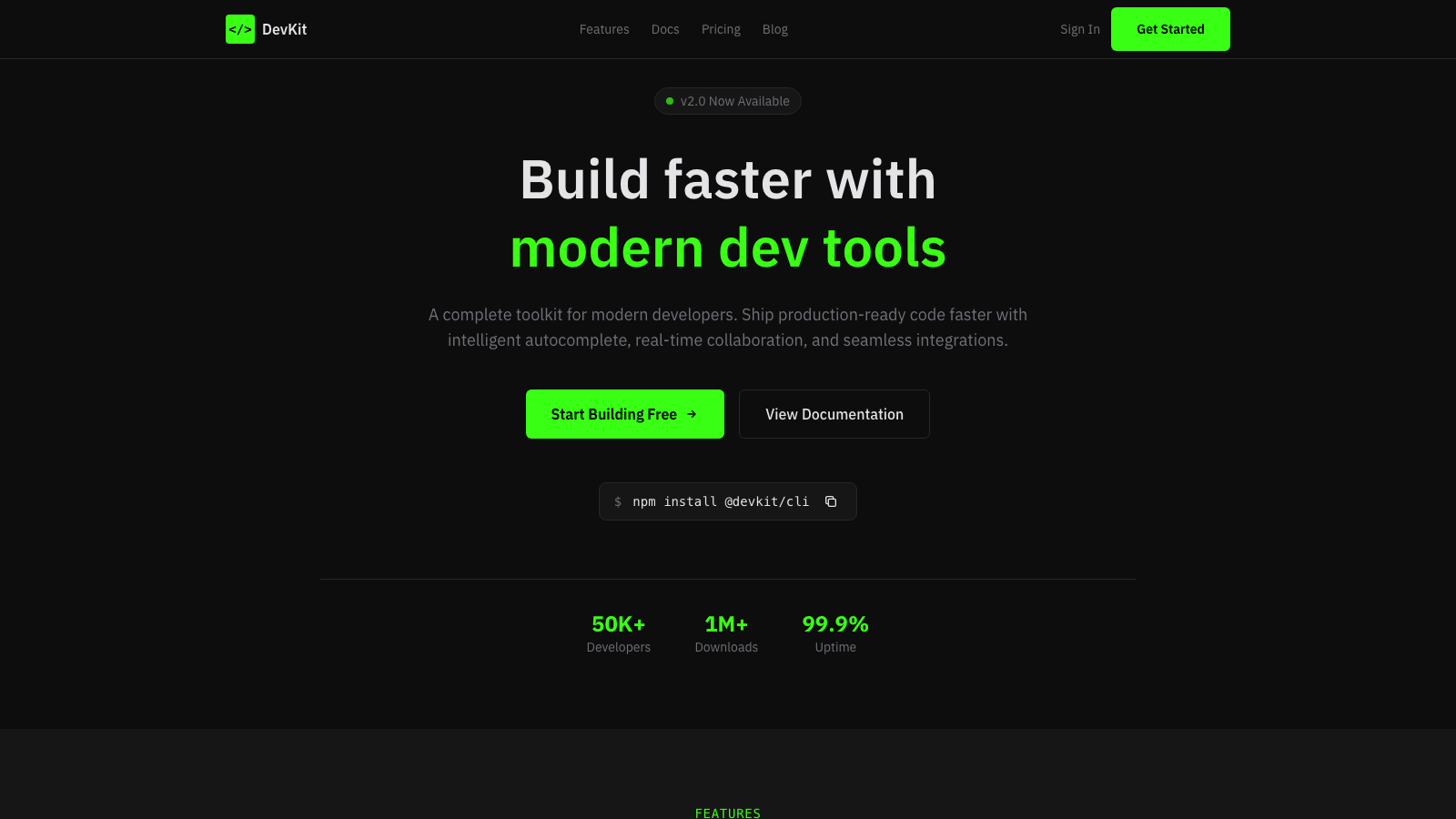 Developer Tools 设计模板生成的网站首屏截图