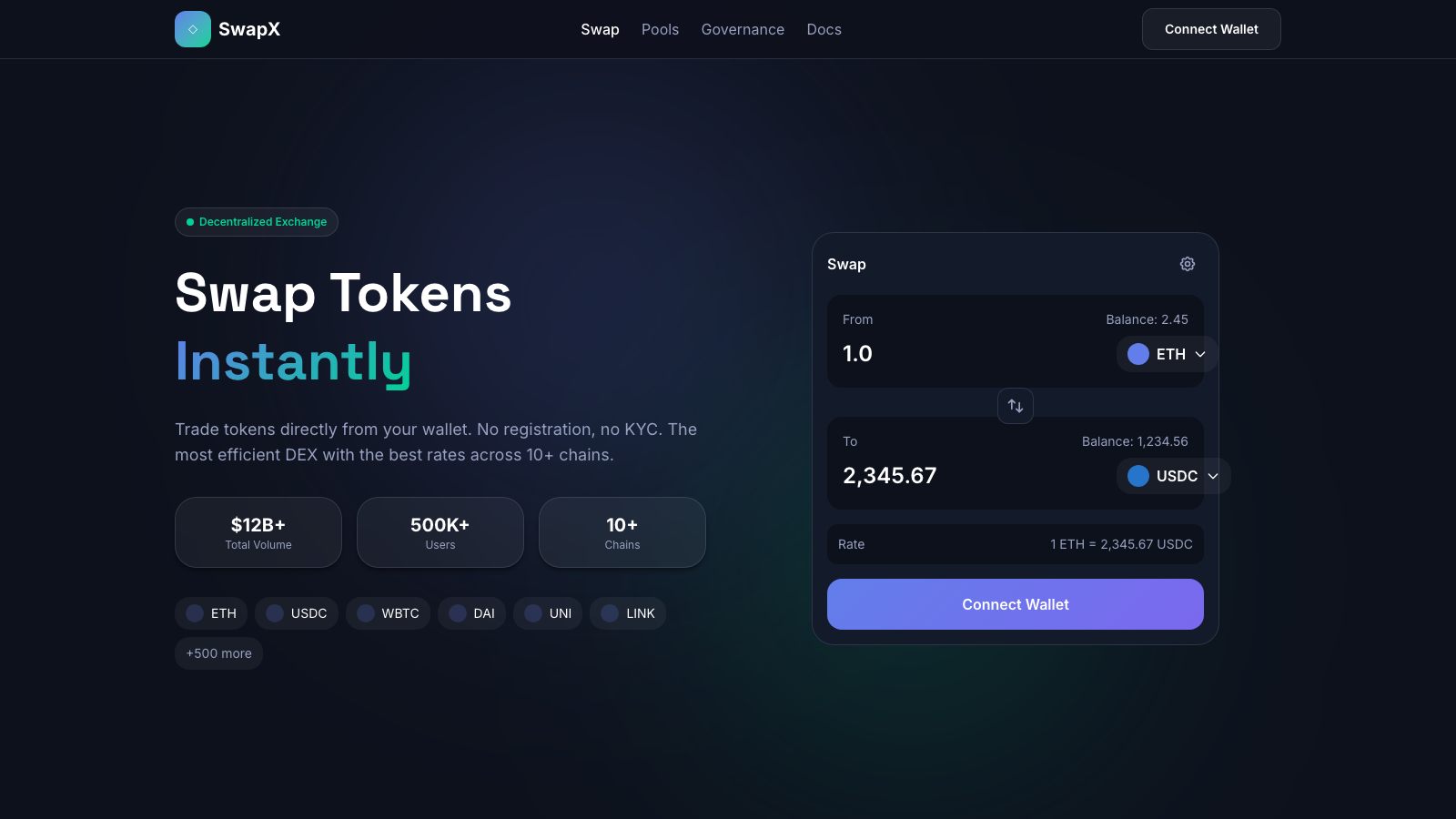 DEX Swap Interface 设计模板生成的网站首屏截图