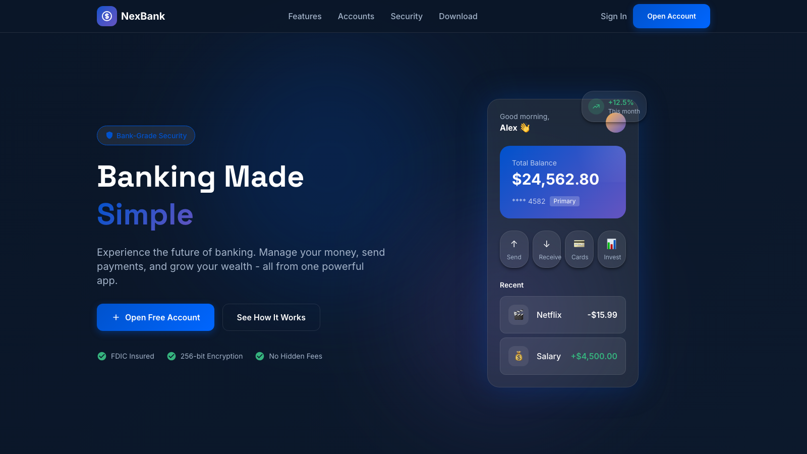 Digital Banking 设计模板生成的网站首屏截图