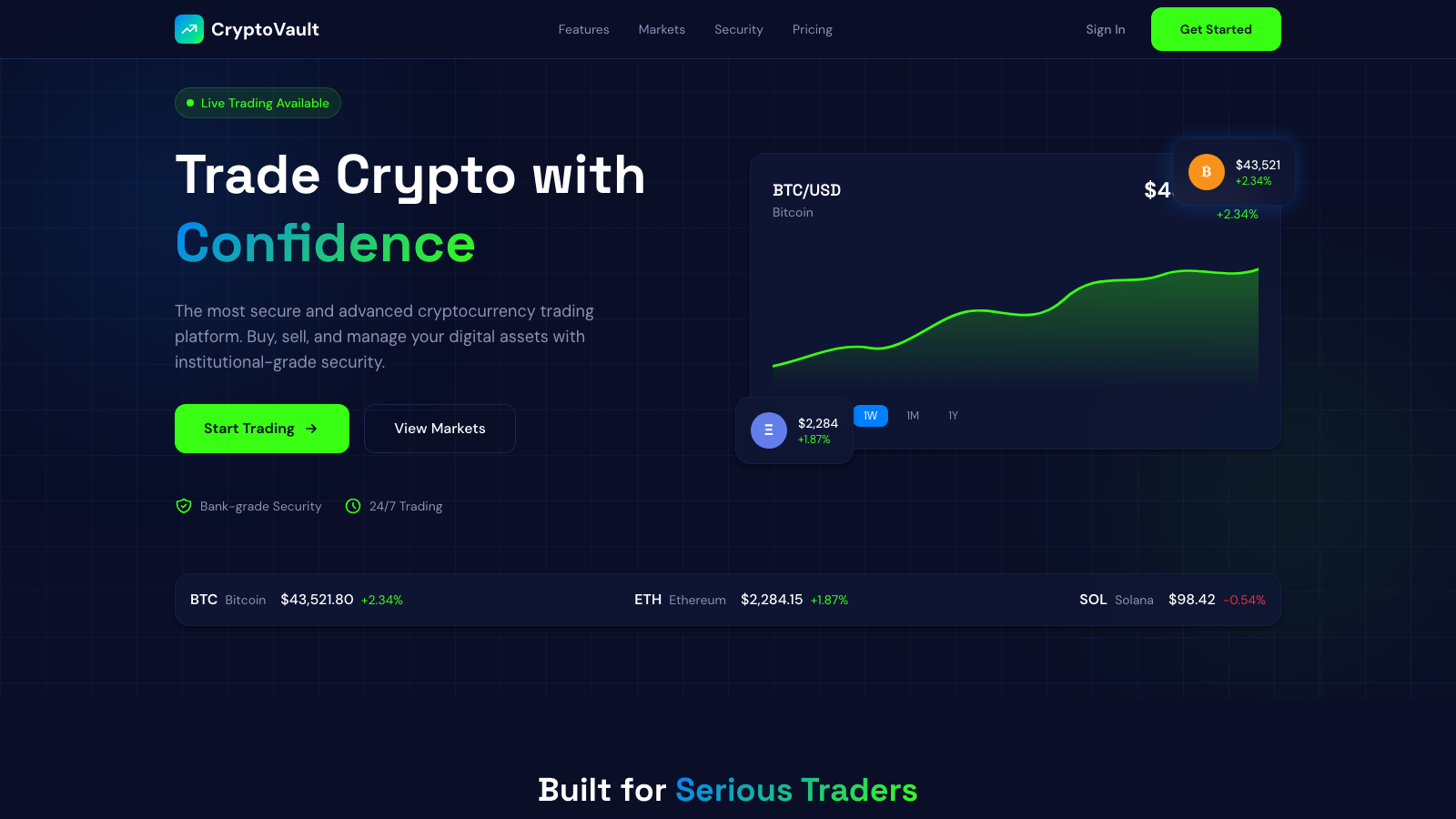 Fintech Crypto Dashboard 设计模板生成的网站首屏截图