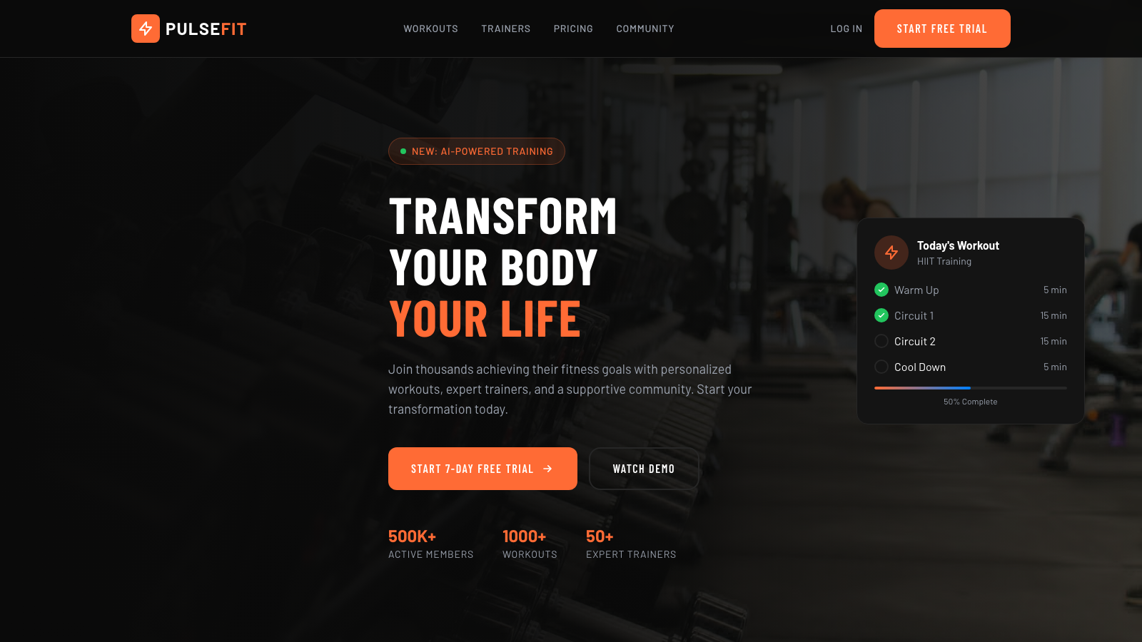 Fitness & Gym App 设计模板生成的网站首屏截图