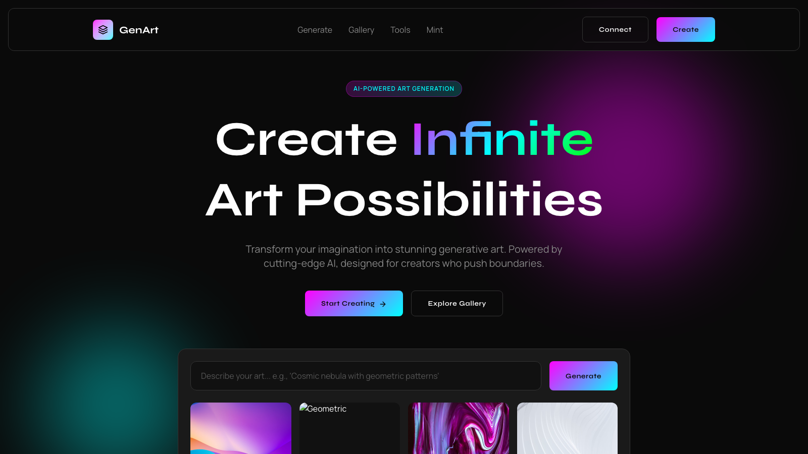 Generative Art Platform 设计模板生成的网站首屏截图