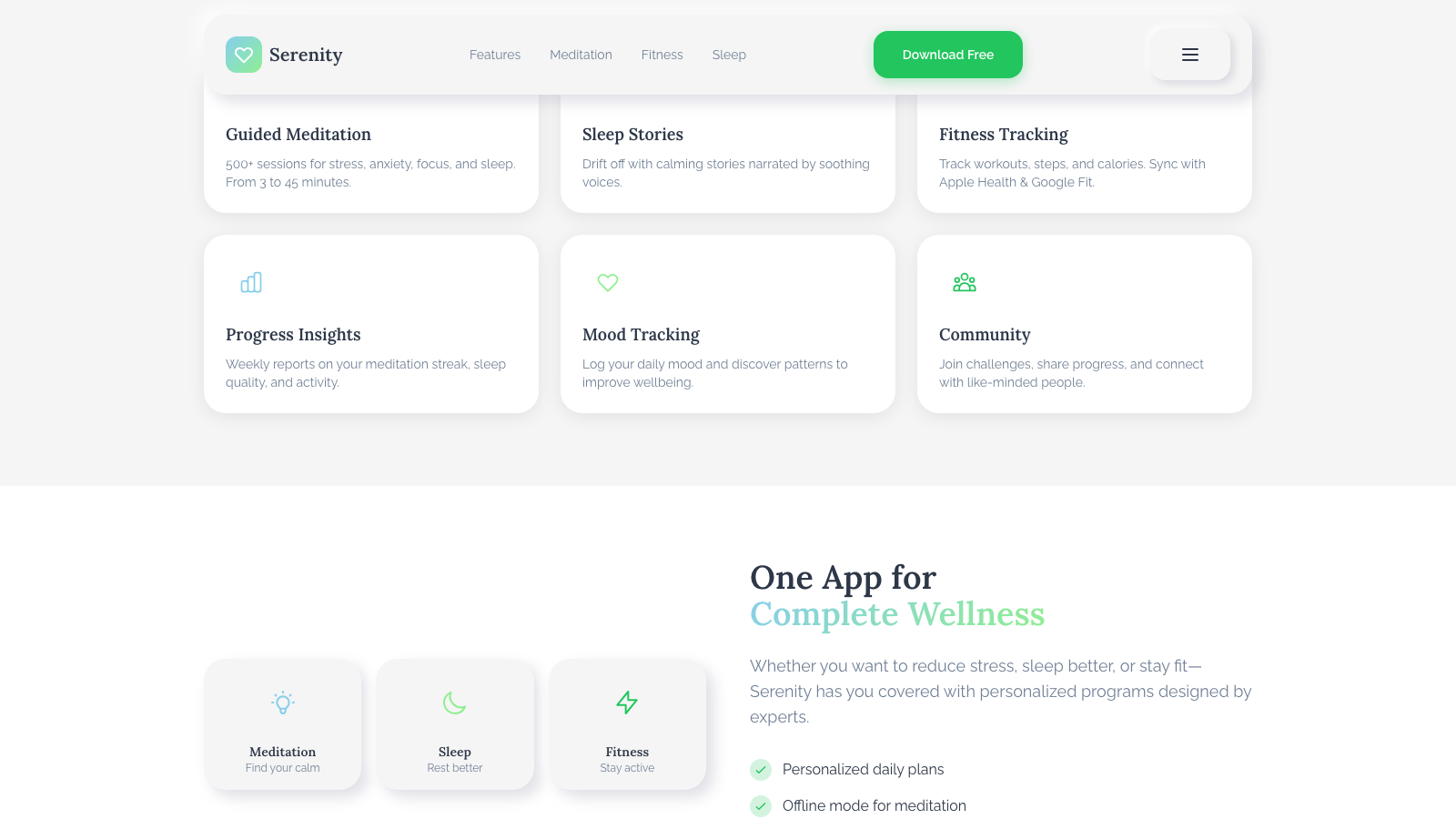 Health & Wellness App 设计模板生成的网站内容区截图