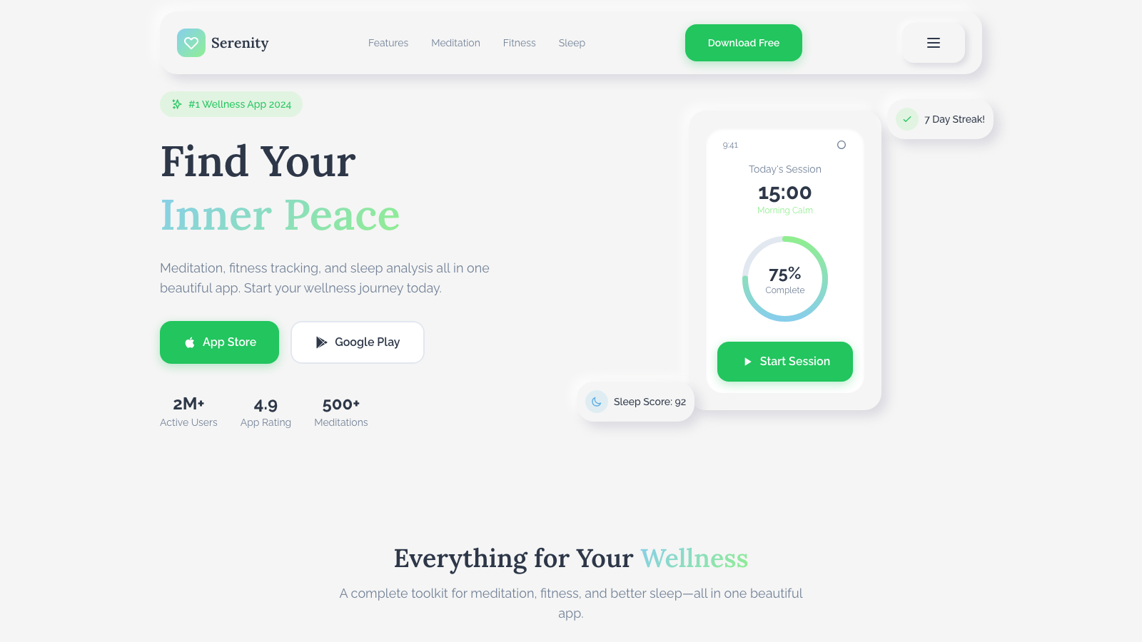 Health & Wellness App 设计模板生成的网站首屏截图