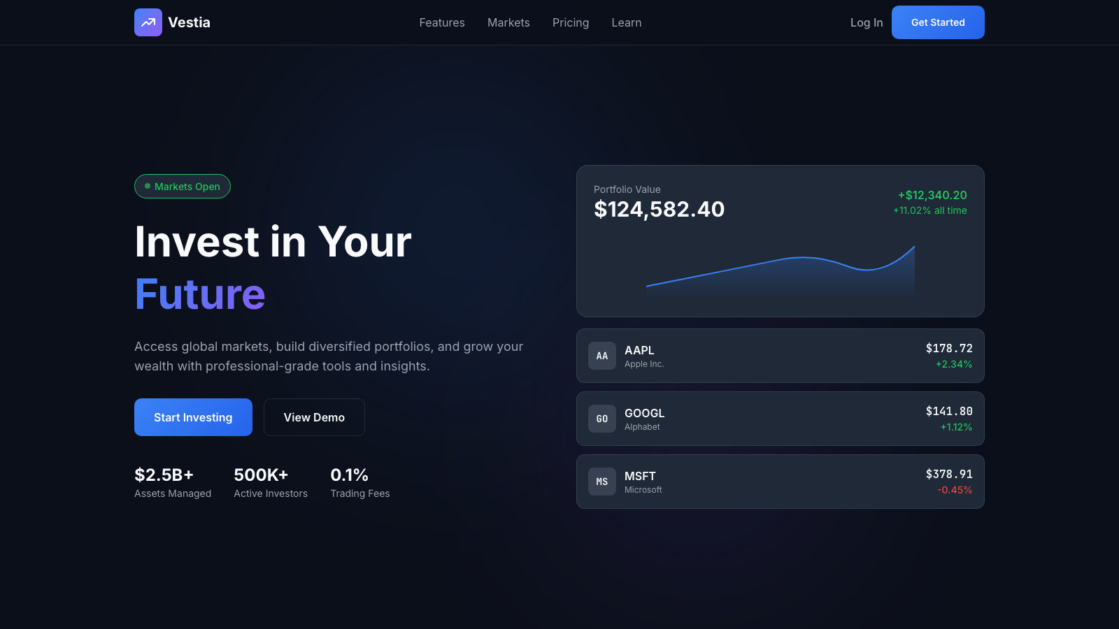 Investment Platform 设计模板生成的网站首屏截图