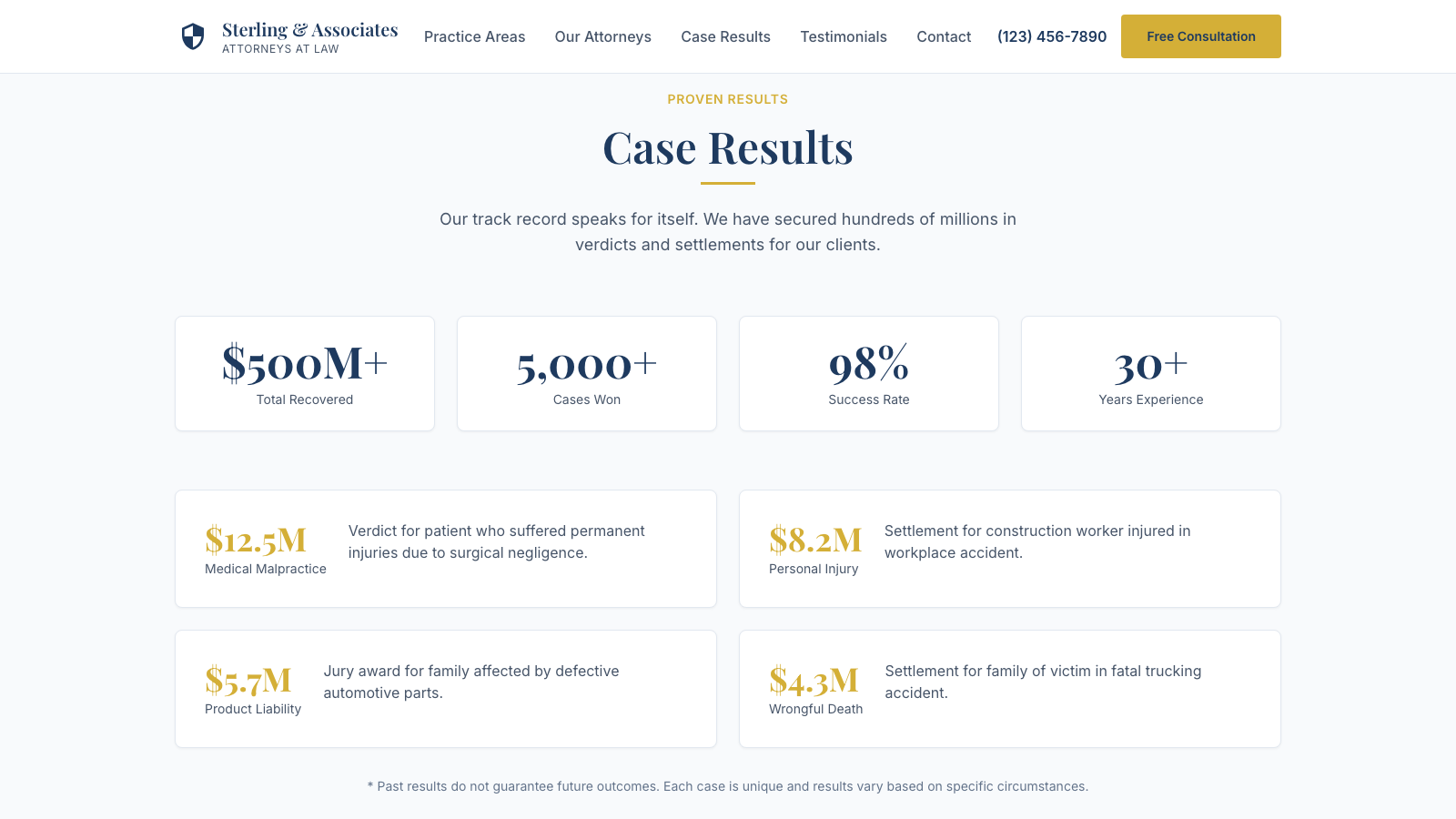 Legal Services 设计模板生成的网站深度内容截图