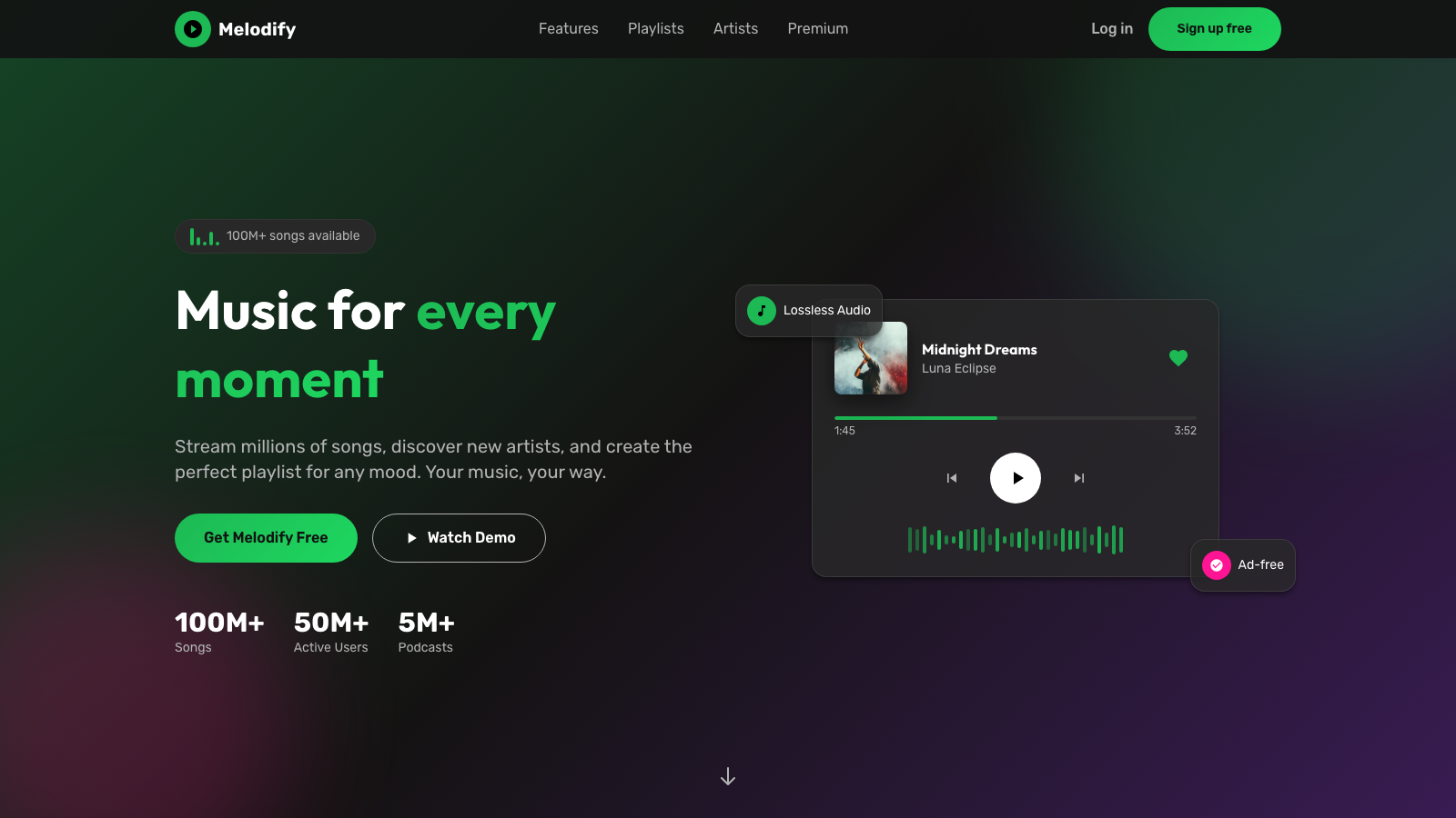 Music Streaming 设计模板生成的网站首屏截图