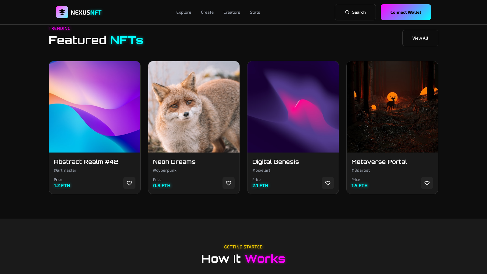 NFT & Web3 Platform 设计模板生成的网站内容区截图