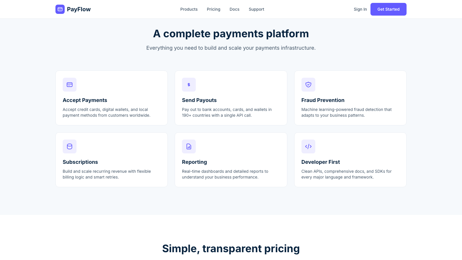 Payment Gateway 设计模板生成的网站内容区截图