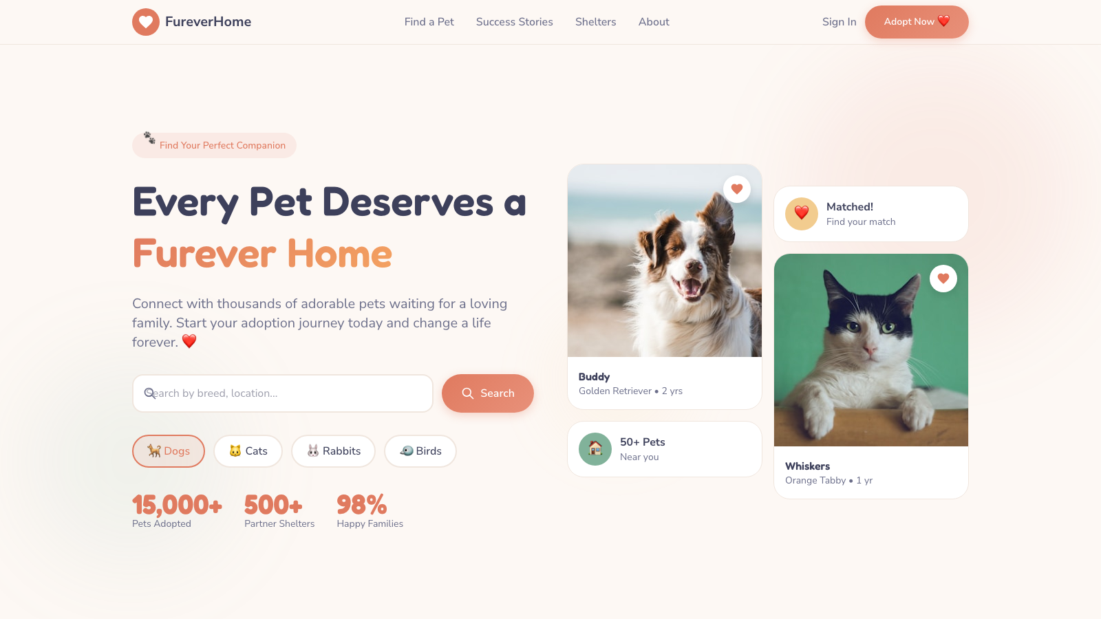Pet Adoption 设计模板生成的网站首屏截图