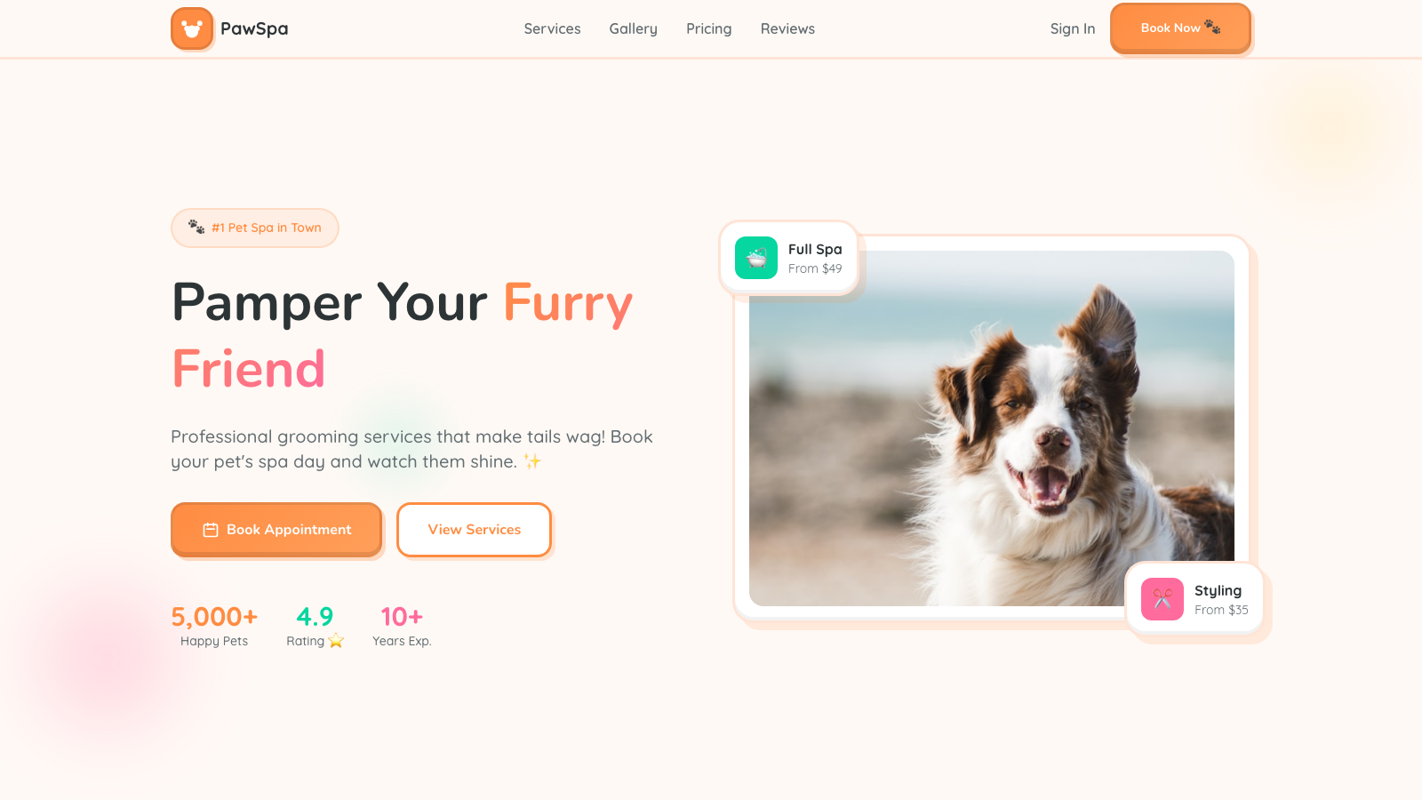 Pet Grooming 设计模板生成的网站首屏截图