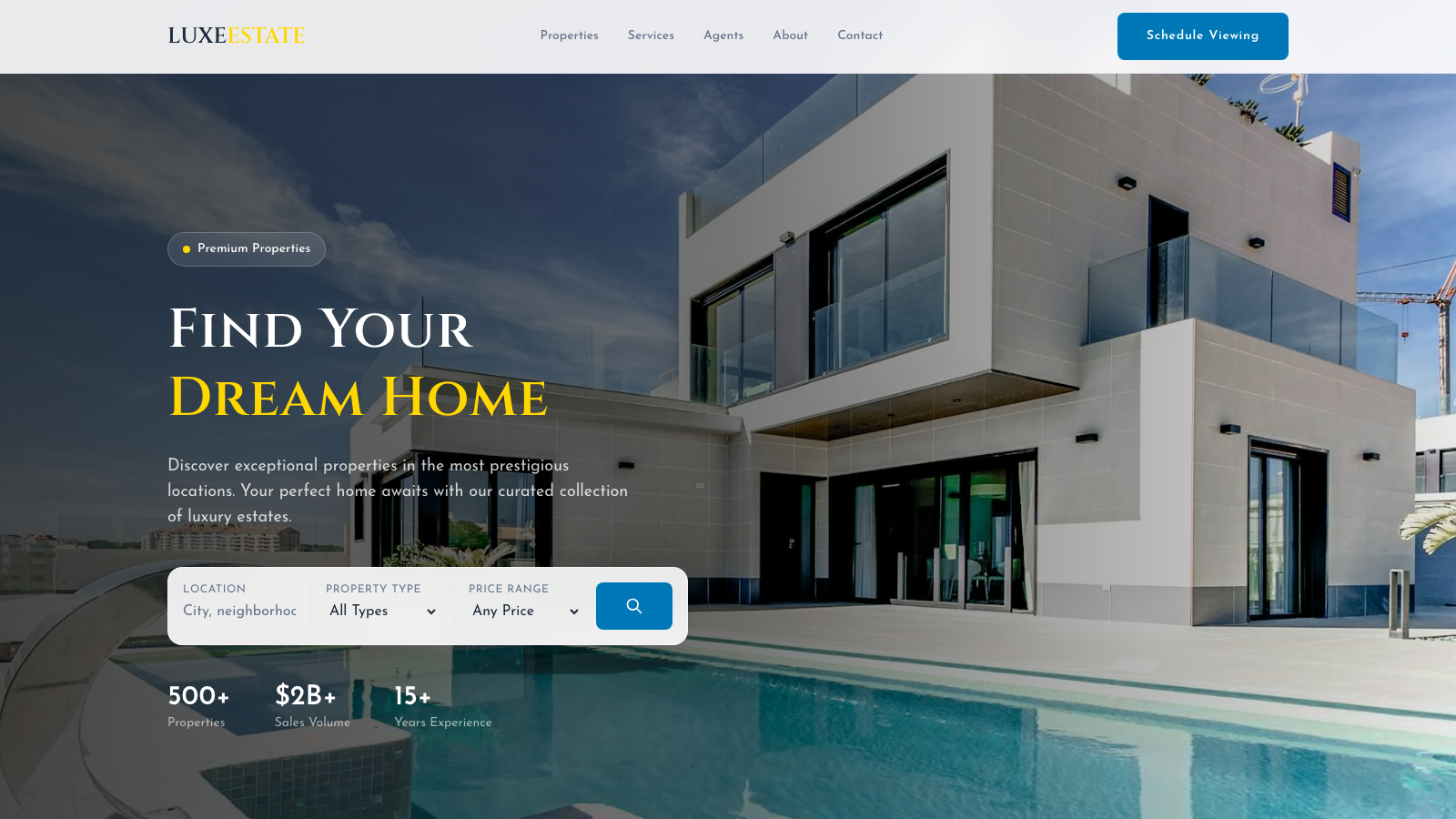 Real Estate Luxury 设计模板生成的网站首屏截图