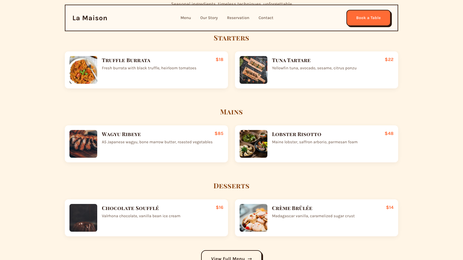 Restaurant & Food 设计模板生成的网站内容区截图
