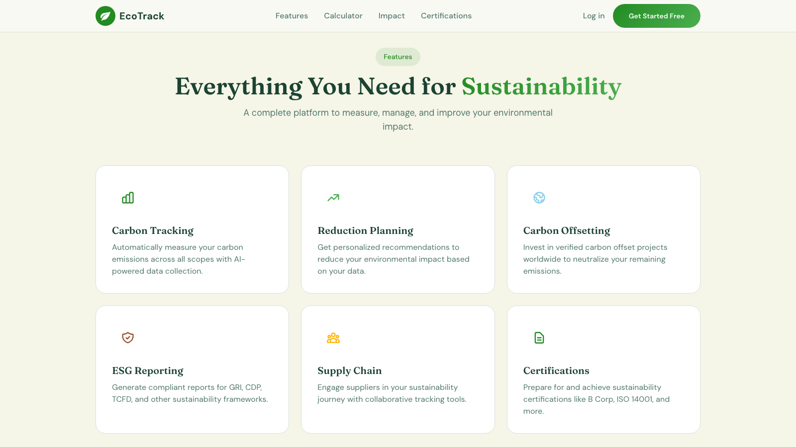 Sustainability Platform 设计模板生成的网站内容区截图