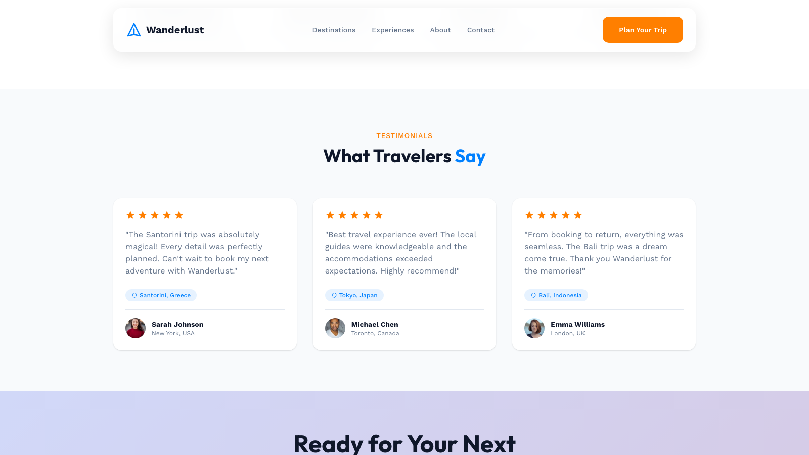 Travel & Tourism 设计模板生成的网站深度内容截图
