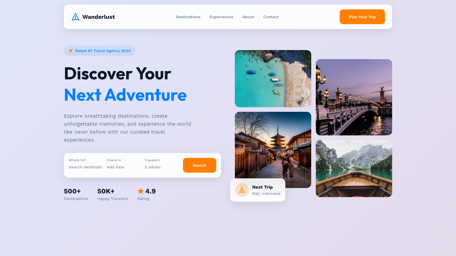Travel & Tourism 设计模板生成的网站首屏截图