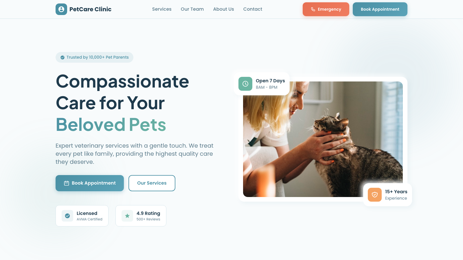Veterinary Clinic 设计模板生成的网站首屏截图