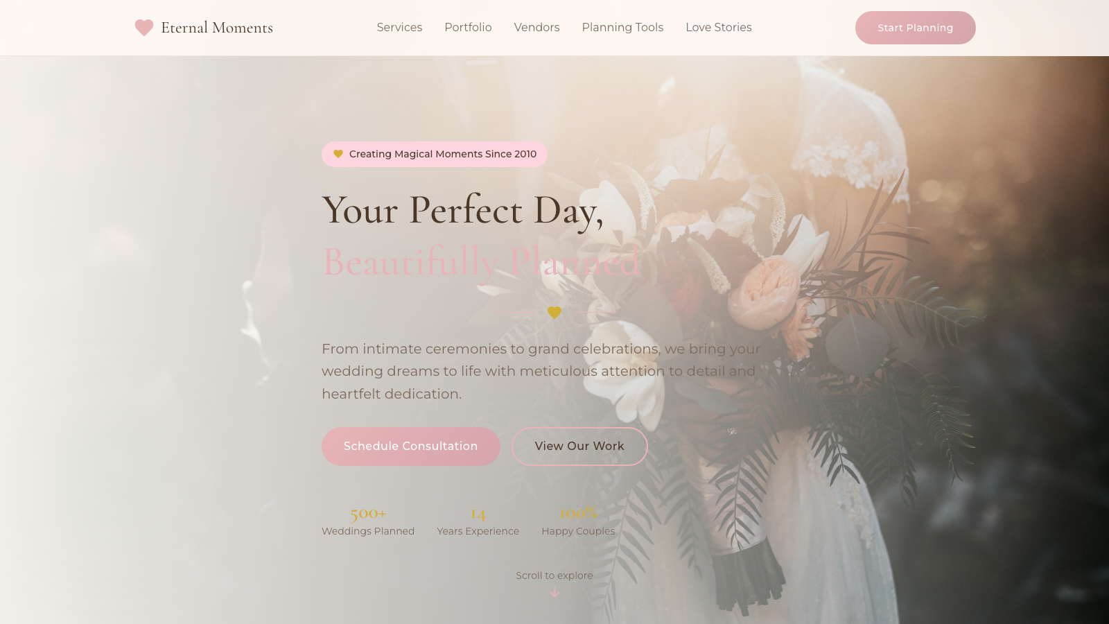 Wedding Events 设计模板生成的网站首屏截图